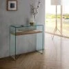 CONSOLA MODERNA DE CRISTAL TICINO CON ESTANTE DE MADERA -Demarques Tienda consola moderna de cristal ticino con estante de madera