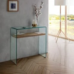 CONSOLA MODERNA DE CRISTAL TICINO CON ESTANTE DE MADERA