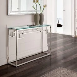 CONSOLA MODERNA LAMBRO DE ACERO Y CRISTAL TEMPLADO
