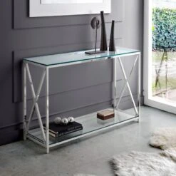 CONSOLA MODERNA TARO DE ACERO Y CRISTAL TEMPLADO
