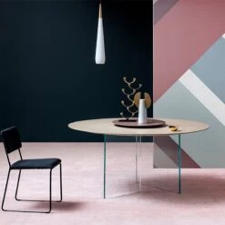 Mesa Redonda Madera Roble Macizo Y Patas Cristal MANHATTAN RINGRING