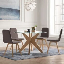 Mesa De Comedor Redonda De Cristal Y Patas Madera ROMA