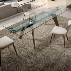 Mesa Extensible En Cristal Y Patas De Madera TAVOLO