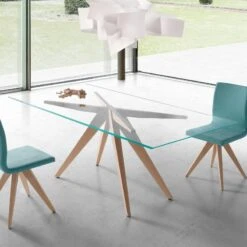 Mesa De Cristal Con Patas De Madera AUGUSTA